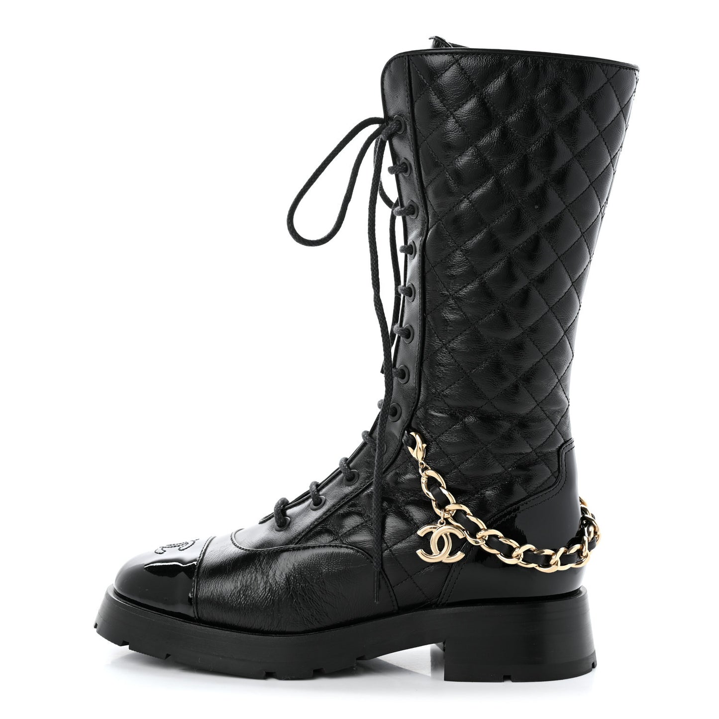 Shiny Calfskin Patent Quilted Chain Lace Up Combat Long Boots 37 Black