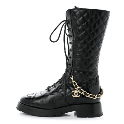 Chanel Shiny Calfskin Patent Quilted Chain Lace Up Combat Long Boots 37 Black 1 of 11
