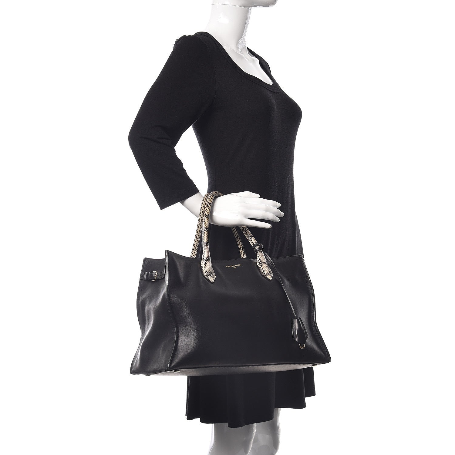 Balenciaga Calfskin Elaphe Snakeskin Padlock Nude Work S Top Handle Black 2 of 11