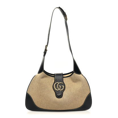 Gucci Canvas Textured Dollar Calfskin Medium Aphrodite Shoulder Bag Beige Black 1 of 11