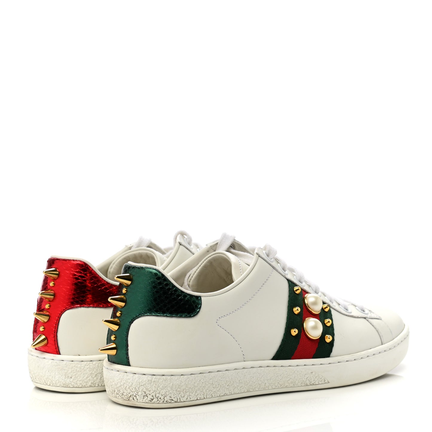 Calfskin Web Pearl Studded Womens Ace Sneakers 35 White