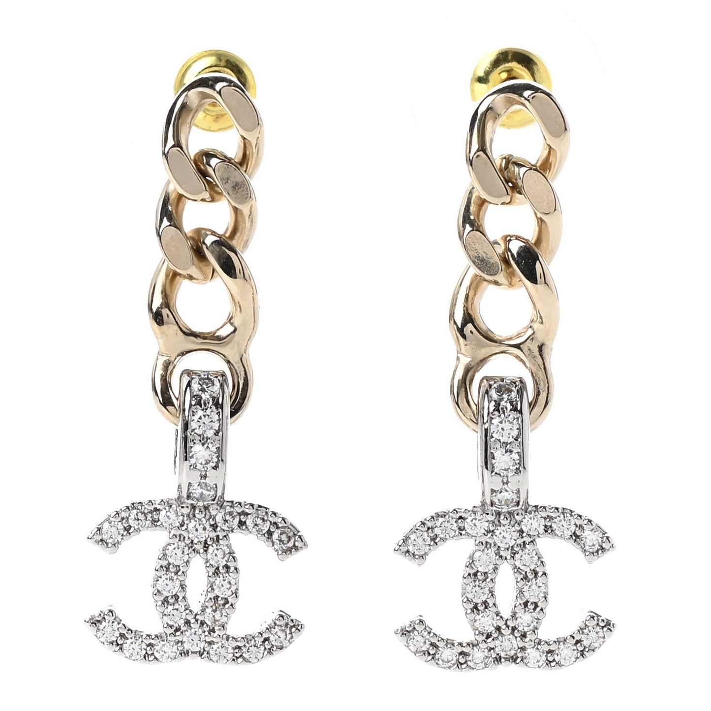 Metal Crystal CC Chain Drop Earrings Gold