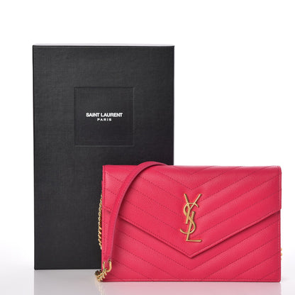 Saint Laurent Grain De Poudre Matelasse Chevron Monogram Envelope Chain Wallet Bubblegum 9 of 9