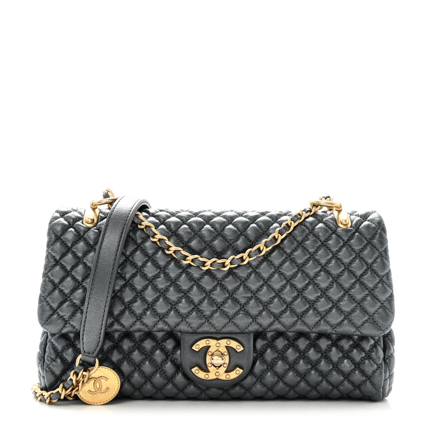 Metallic Calfskin Micro Quilted Small Flap Blue