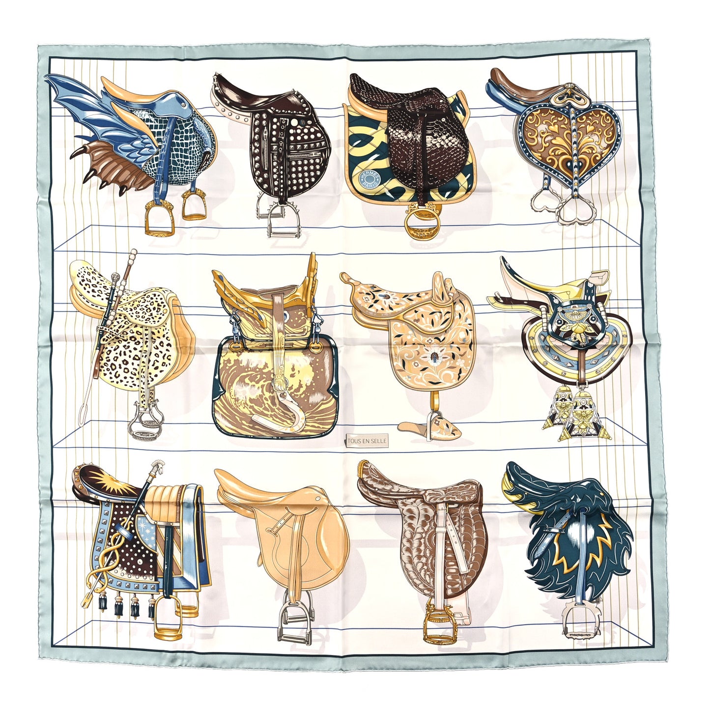 Silk Tous En Selle Scarf Gris Bleuet White