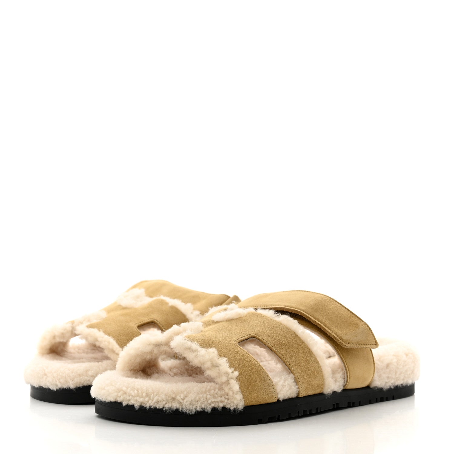 Hermes Suede Goatskin Woolskin Womens Chypre Sandals 38 Golden Beige 3 of 8