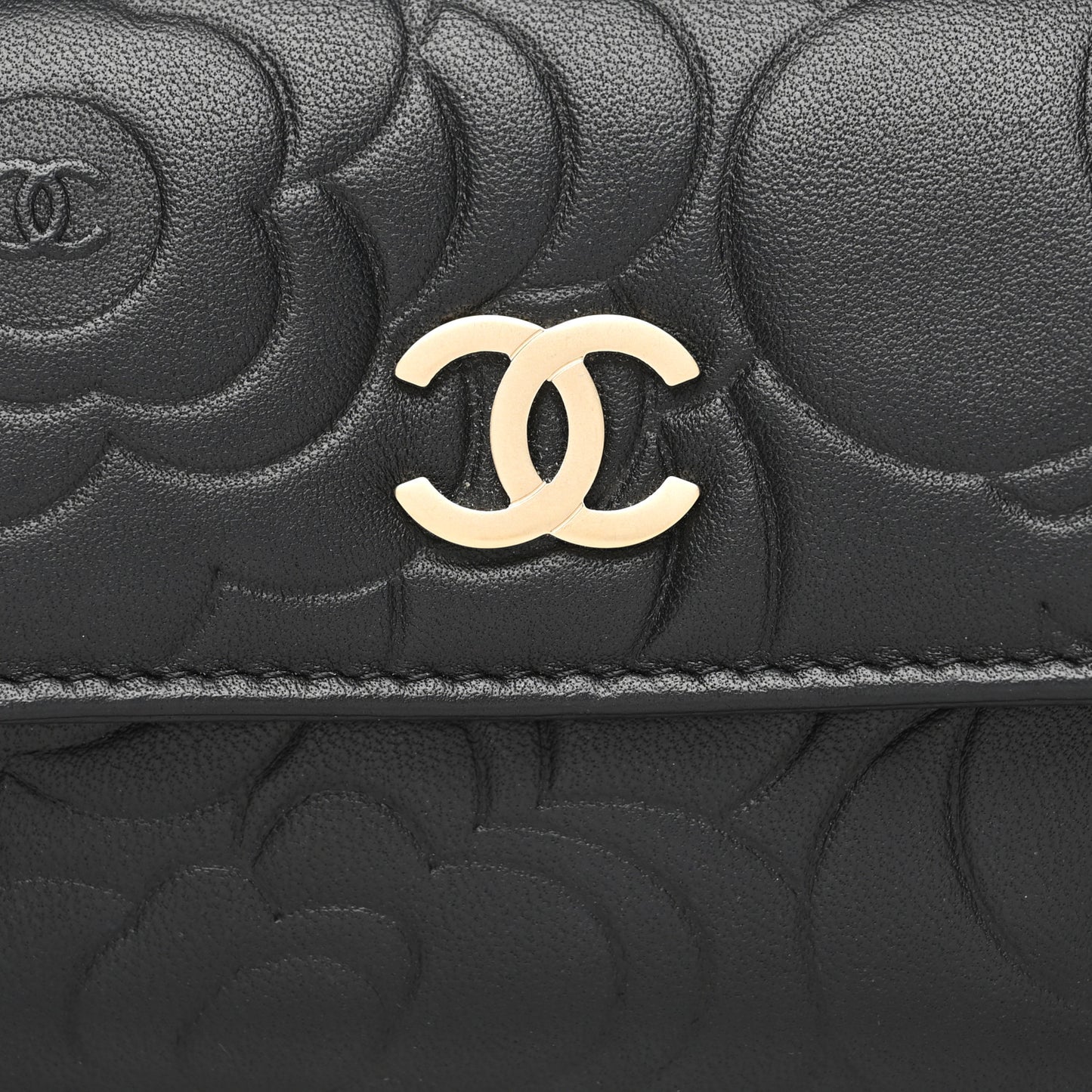Lambskin Camellia Embossed Flap Card Holder Black
