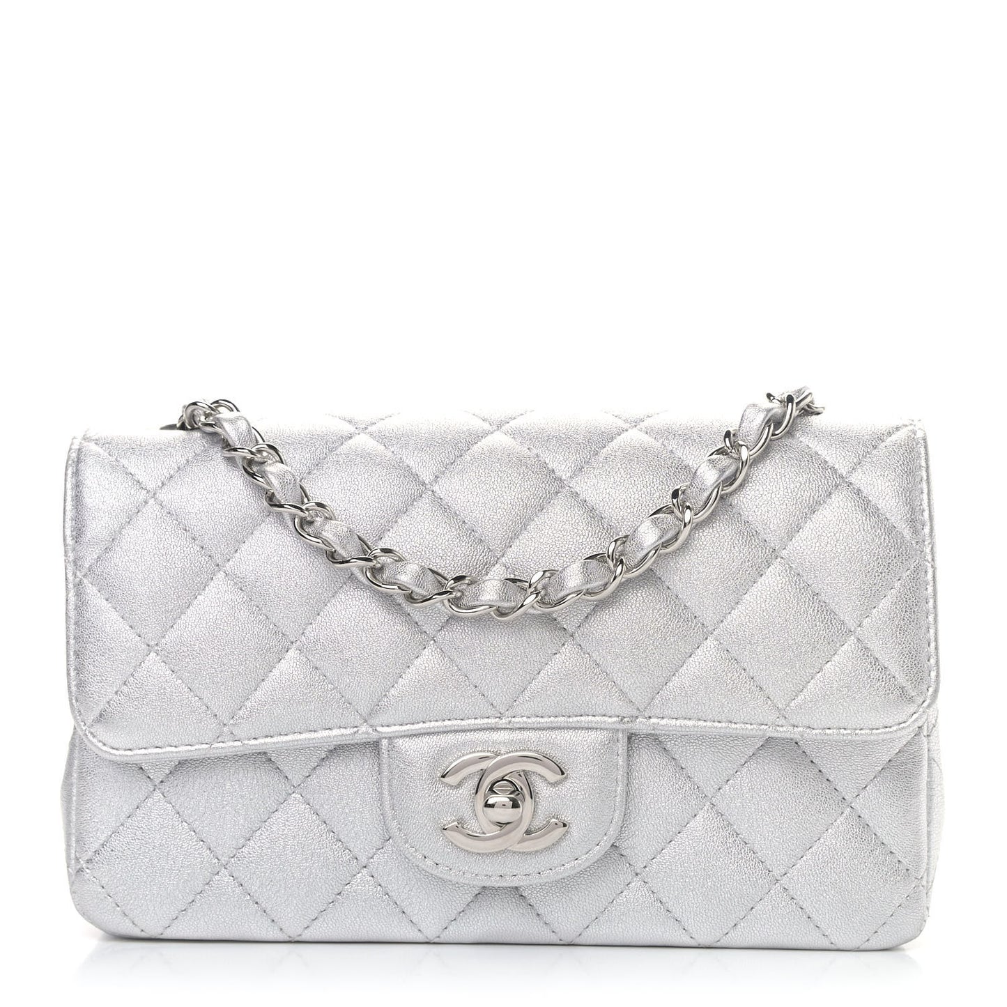 Metallic Lambskin Quilted Mini Rectangular Flap Silver