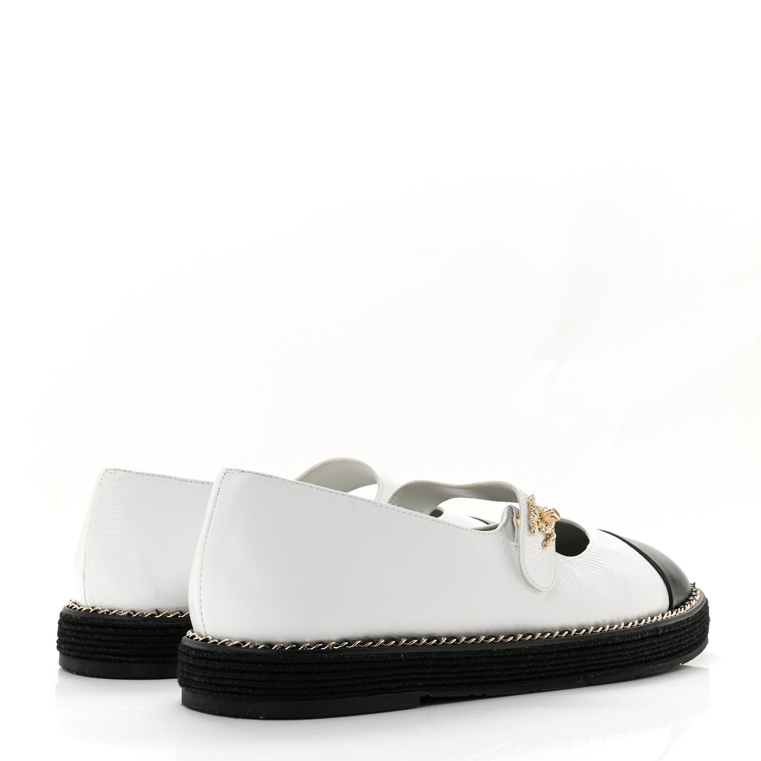 Chanel Crumpled Lambskin Cap Toe Chain CC Turnlock Mary Jane Flats 40 White Black 5 of 12