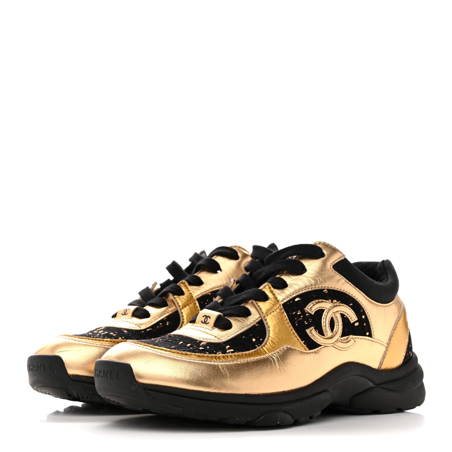 Chanel Satin Lambskin Fabric Tweed CC Sneakers 36.5 Gold Black 4 of 10