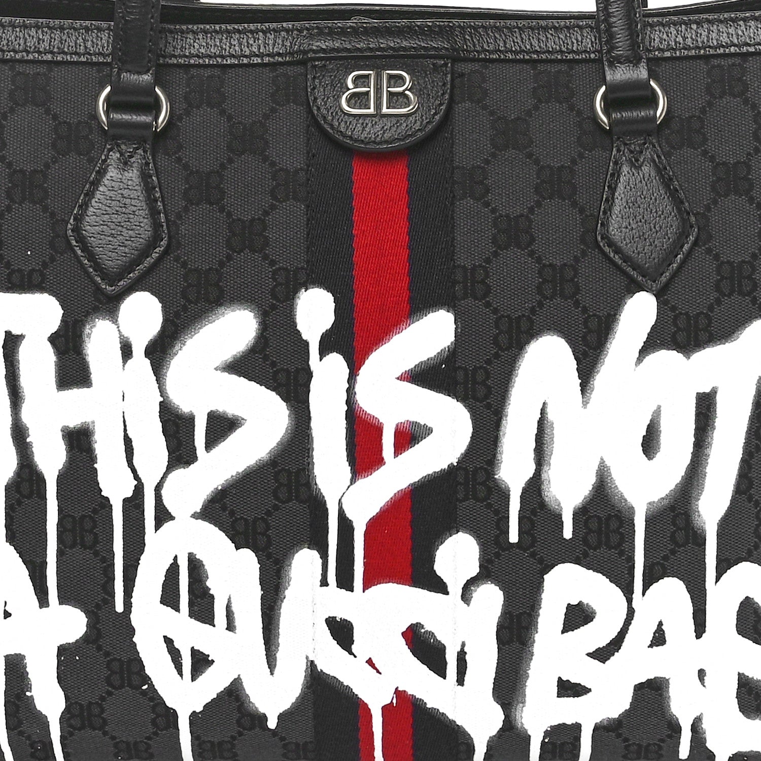 Gucci X BALENCIAGA BB Monogram Web Graffiti Medium Ophidia Shopping Tote Black 8 of 10
