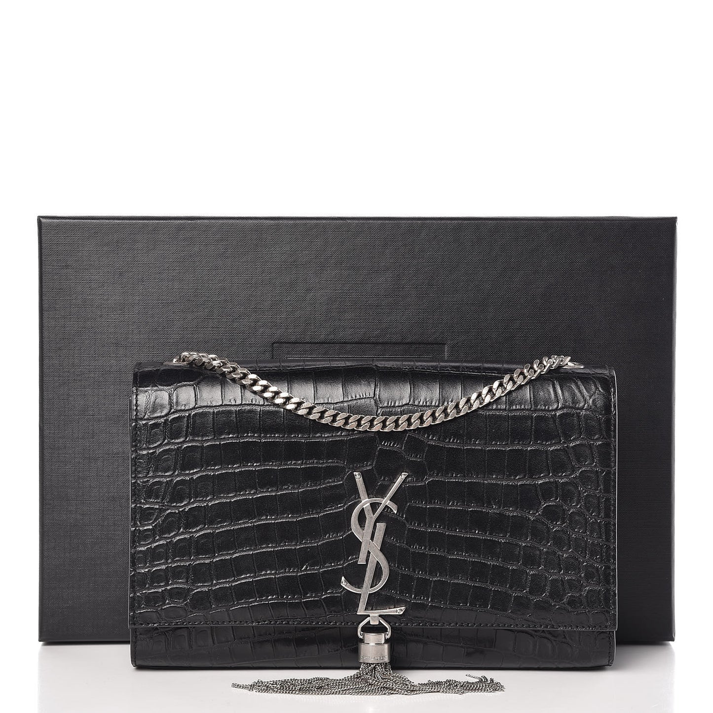 Calfskin Crocodile Embossed Medium Classic Monogram Kate Tassel Satchel Black