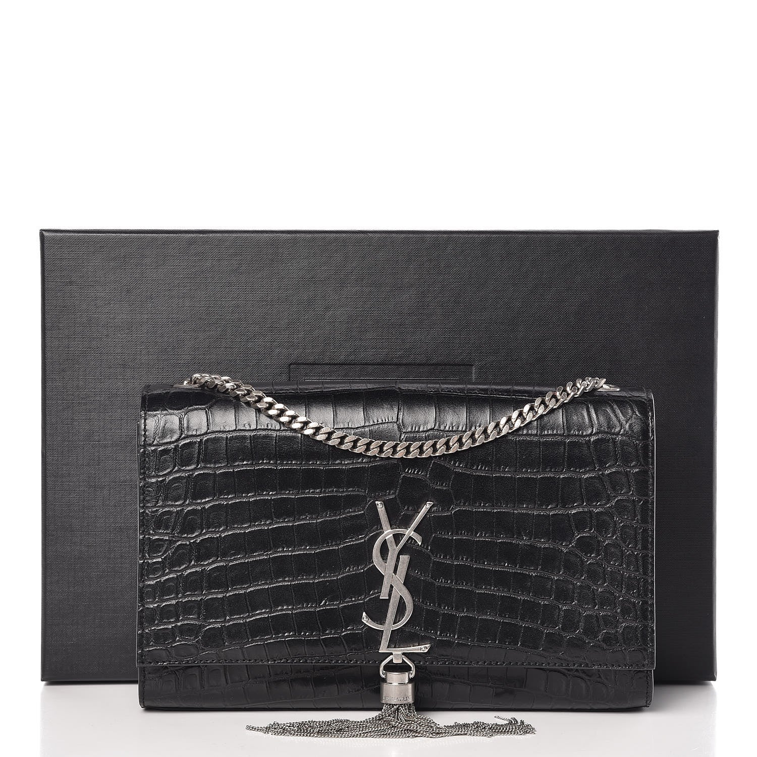 Saint Laurent Calfskin Crocodile Embossed Medium Classic Monogram Kate Tassel Satchel Black 13 of 13