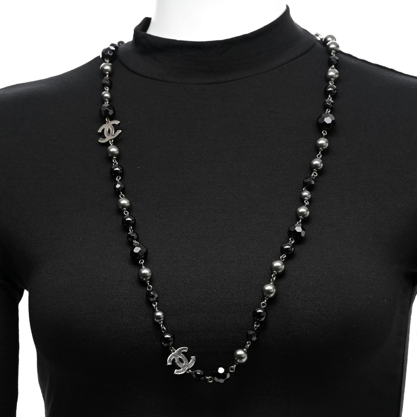 Ruthenium Pearl Beaded CC Long Necklace Black