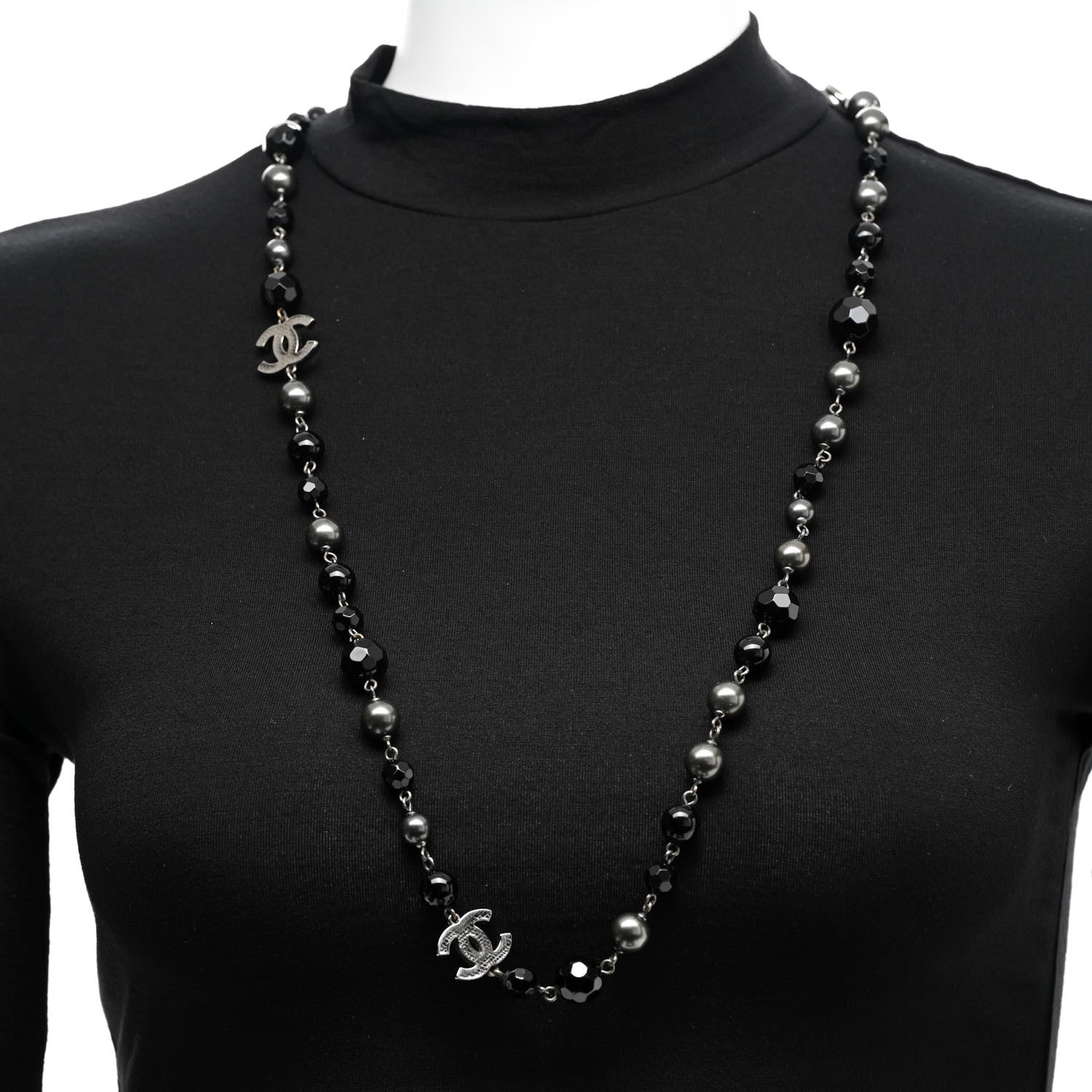 Chanel Ruthenium Pearl Beaded CC Long Necklace Black 2 of 5