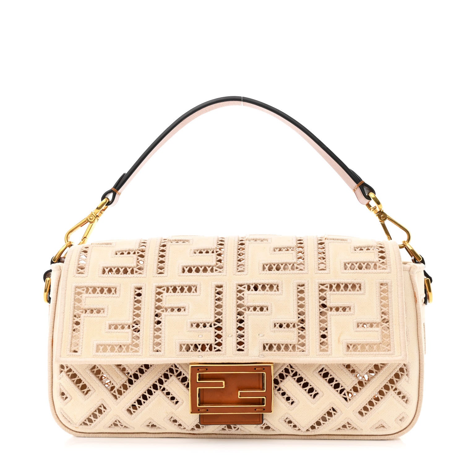 Fendi Canvas Cuoio Agata FF Ajour Embroidered Baguette Grezzo Cuoio 1 of 11