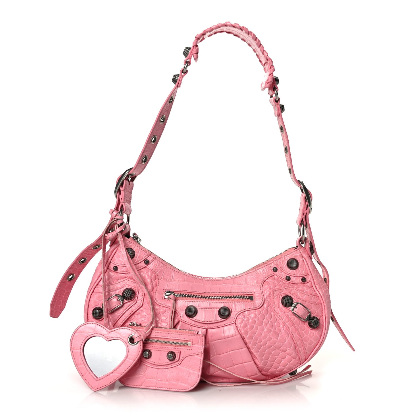Extra Supple Calfskin Crocodile Embossed Small Le Cagole Shoulder Bag Sweet Pink