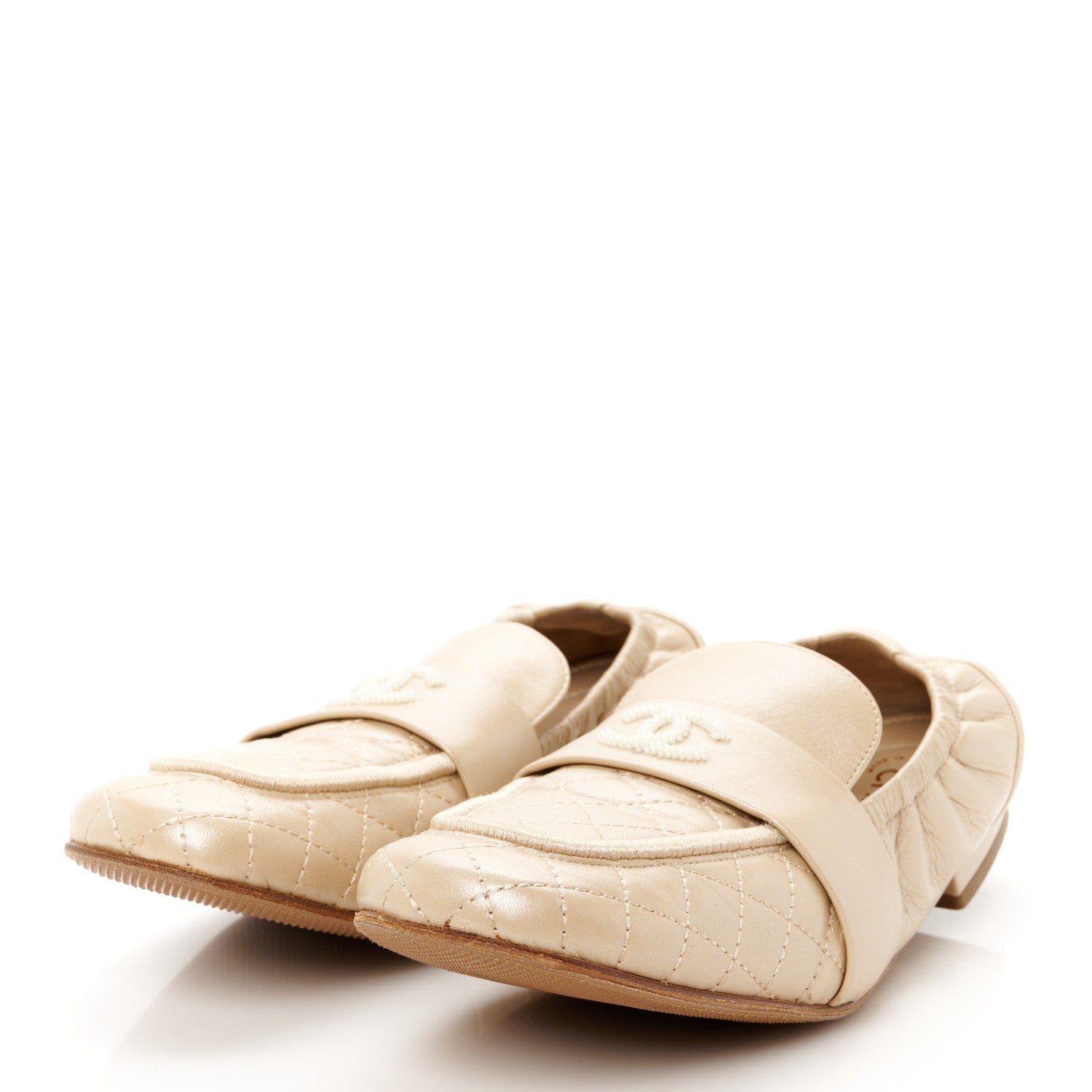 Chanel Laminated Lambskin Womens Quilted Elastic CC Moccasin Loafers 37.5 Beige 4 of 10