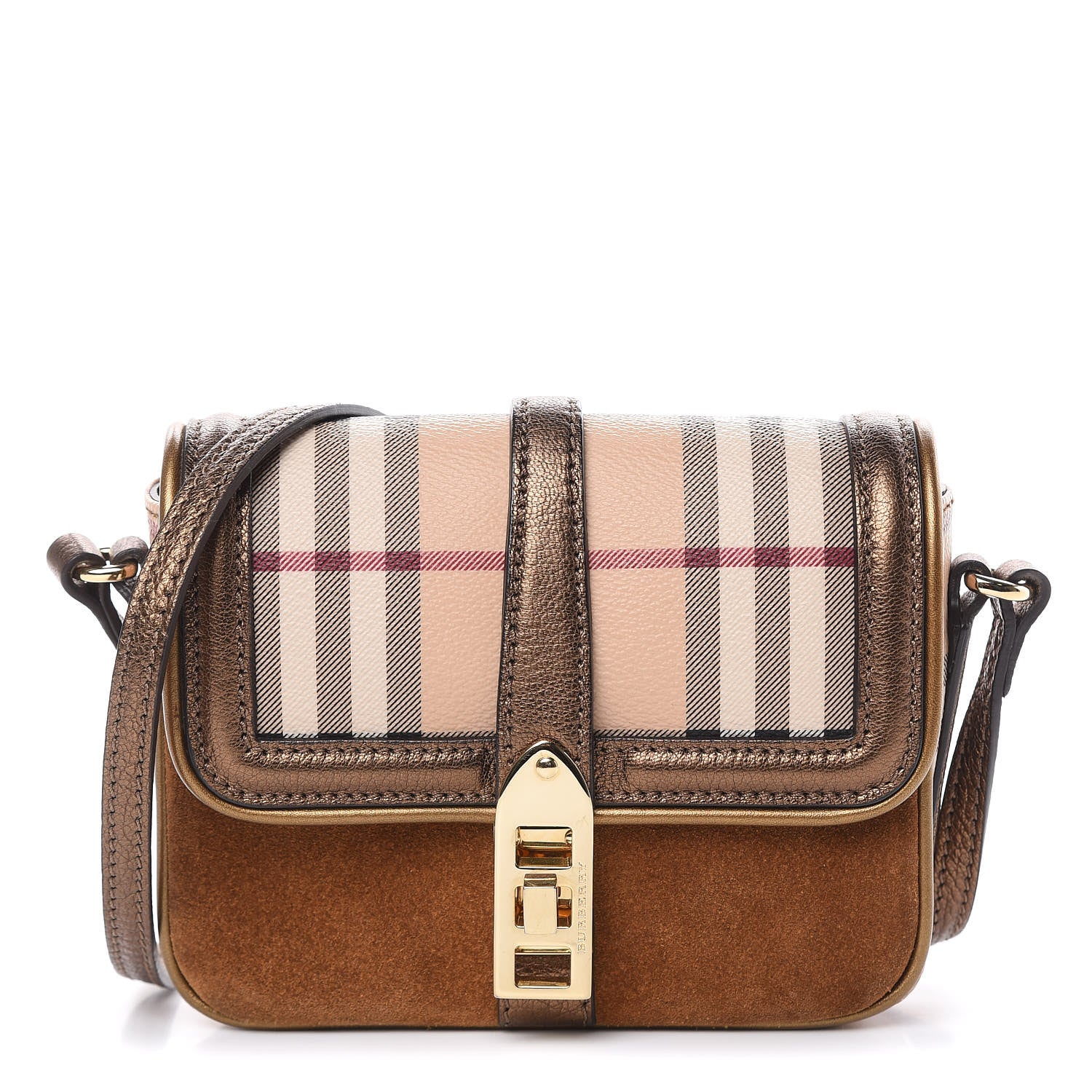 Burberry Metallic Suede Haymarket Check Mini Berkeley Crossbody Antique Gold 1 of 9