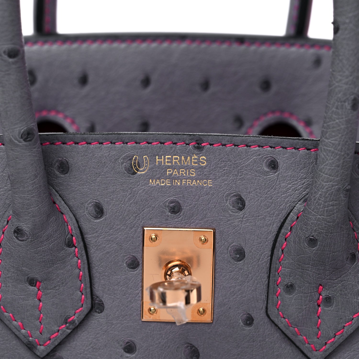 Hermes Ostrich Horseshoe Birkin 25 Gris Agate Rose Shocking 6 of 9