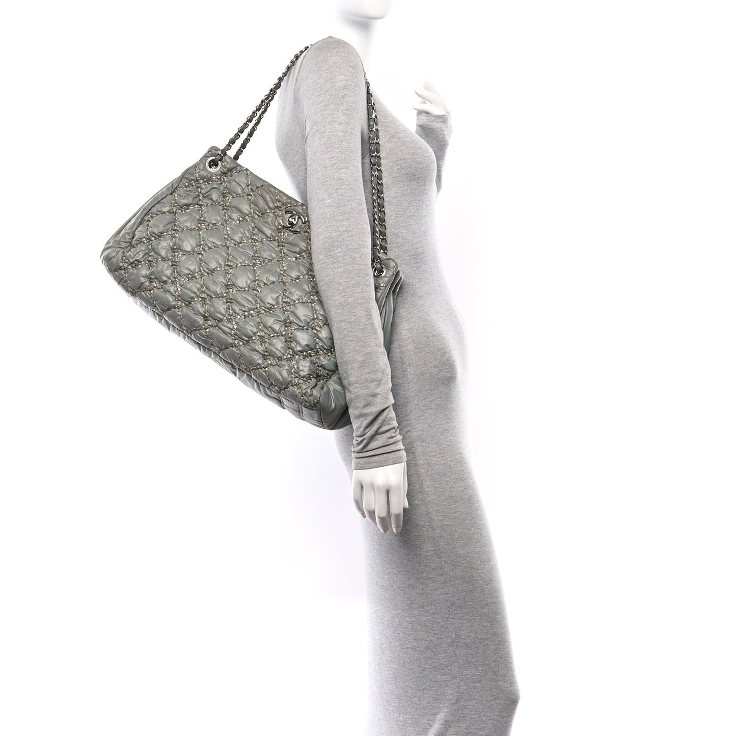 Nylon Quilted Tweed Stitch Bubble Tote Green