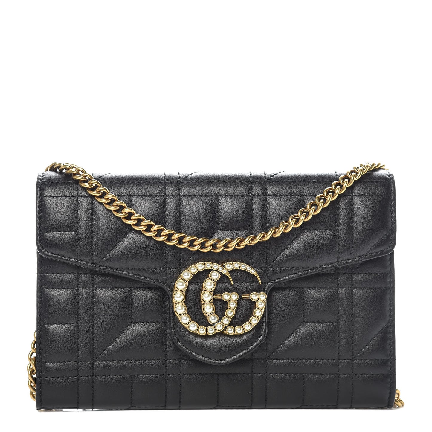Calfskin Matelasse Mini Pearly GG Marmont Chain Wallet Black