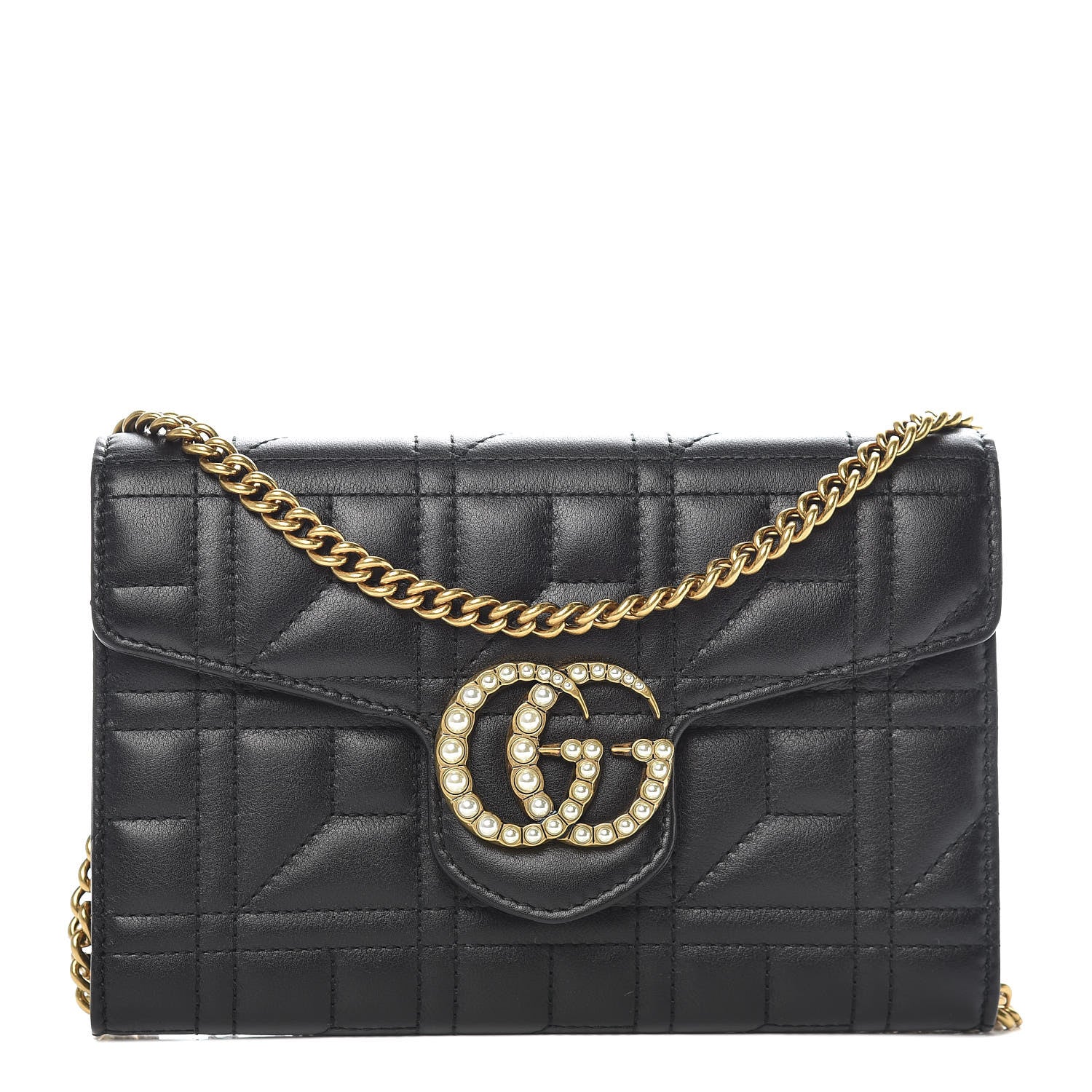 Gucci Calfskin Matelasse Mini Pearly GG Marmont Chain Wallet Black 1 of 9