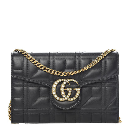 Gucci Calfskin Matelasse Mini Pearly GG Marmont Chain Wallet Black 1 of 9