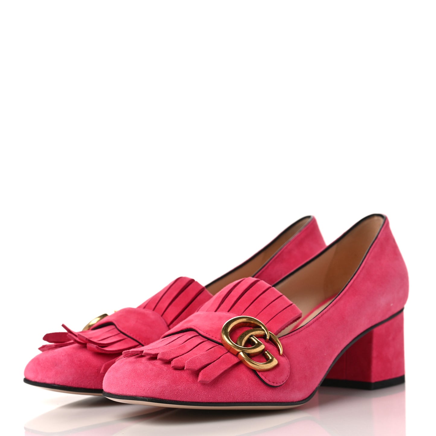 Kid Scamosciato GG Marmont Fringe 50mm Loafer Pumps 38.5 Hot Pink