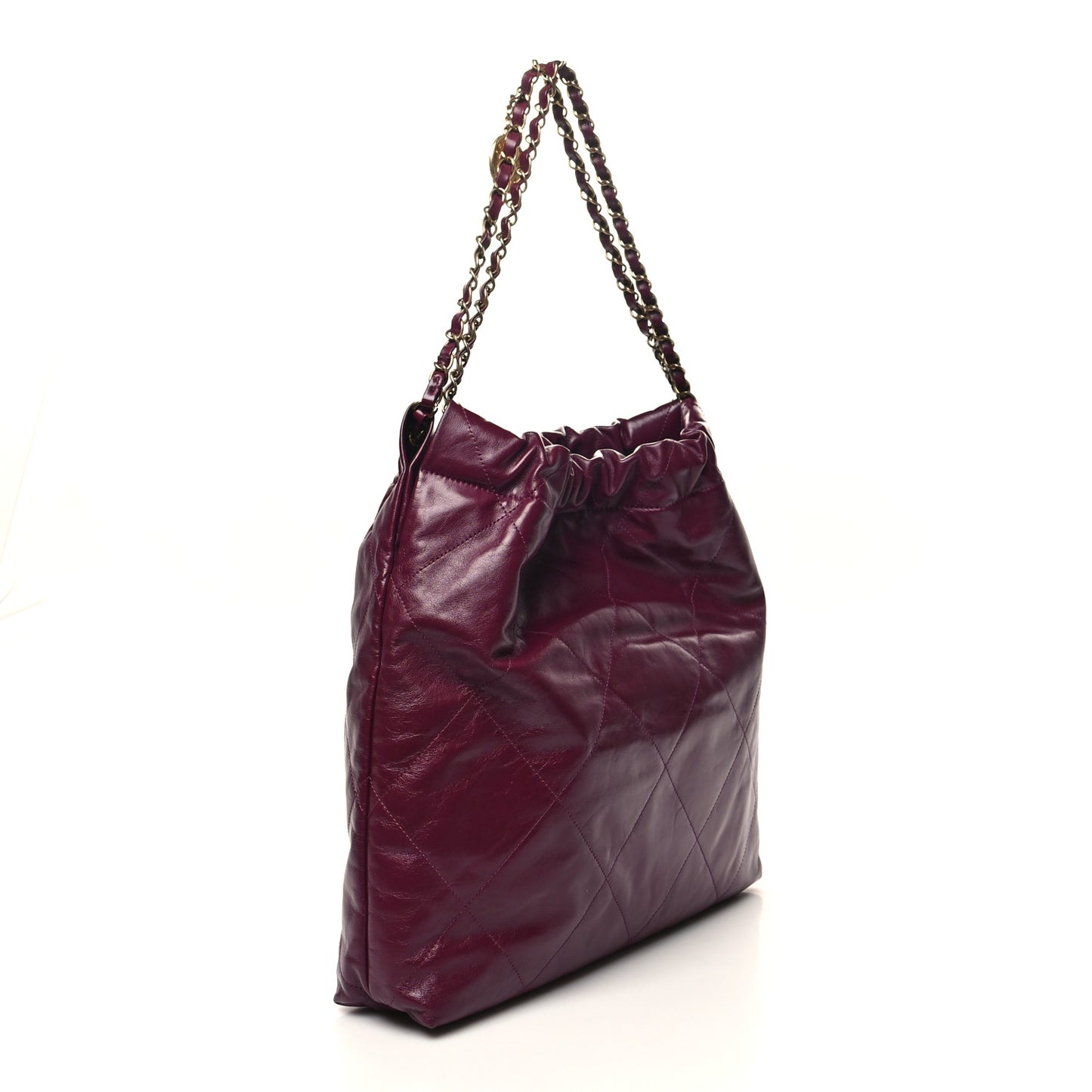 Shiny Calfskin Quilted Chanel 22 Drawstring Bag Dark Purple