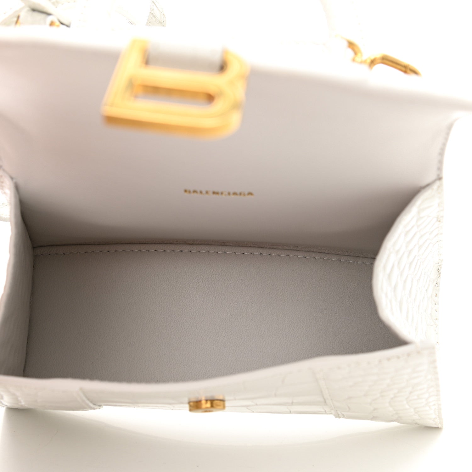 Balenciaga Shiny Calfskin Crocodile Embossed Hourglass Top Handle Bag XS White 4 of 10