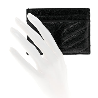 Saint Laurent Grain De Poudre Matelasse Chevron Monochrome Monogram Credit Card Case Black 2 of 8