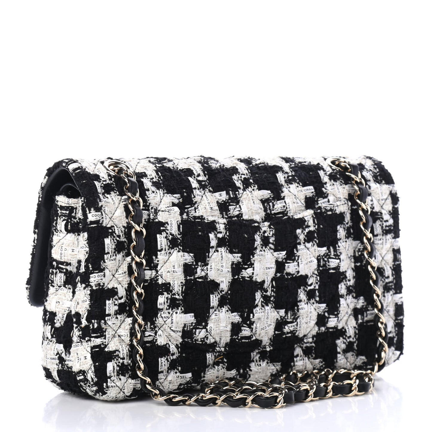 Tweed Quilted Medium Double Flap Black Ecru White