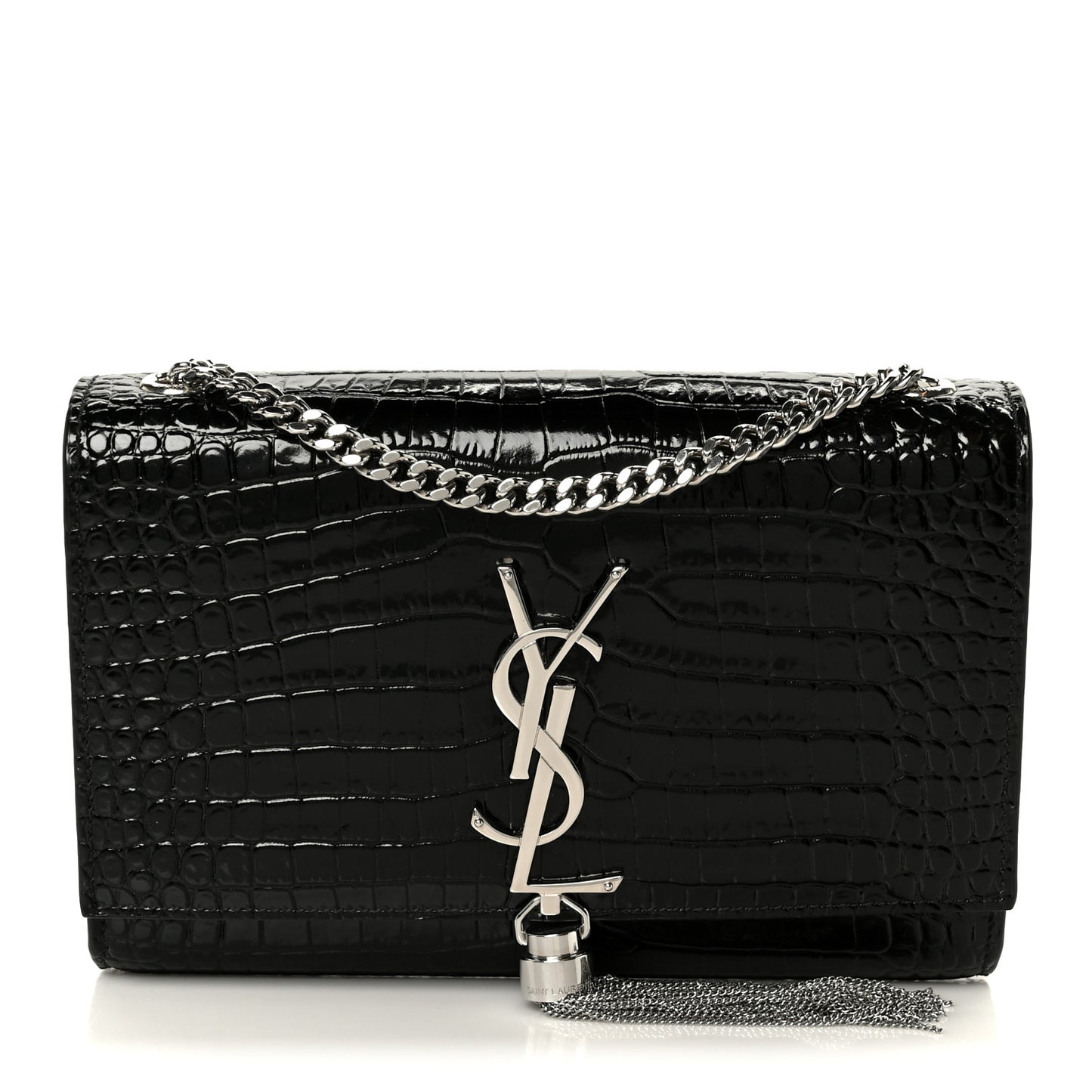 Calfskin Crocodile Embossed Small Classic Monogram Kate Tassel Satchel Black