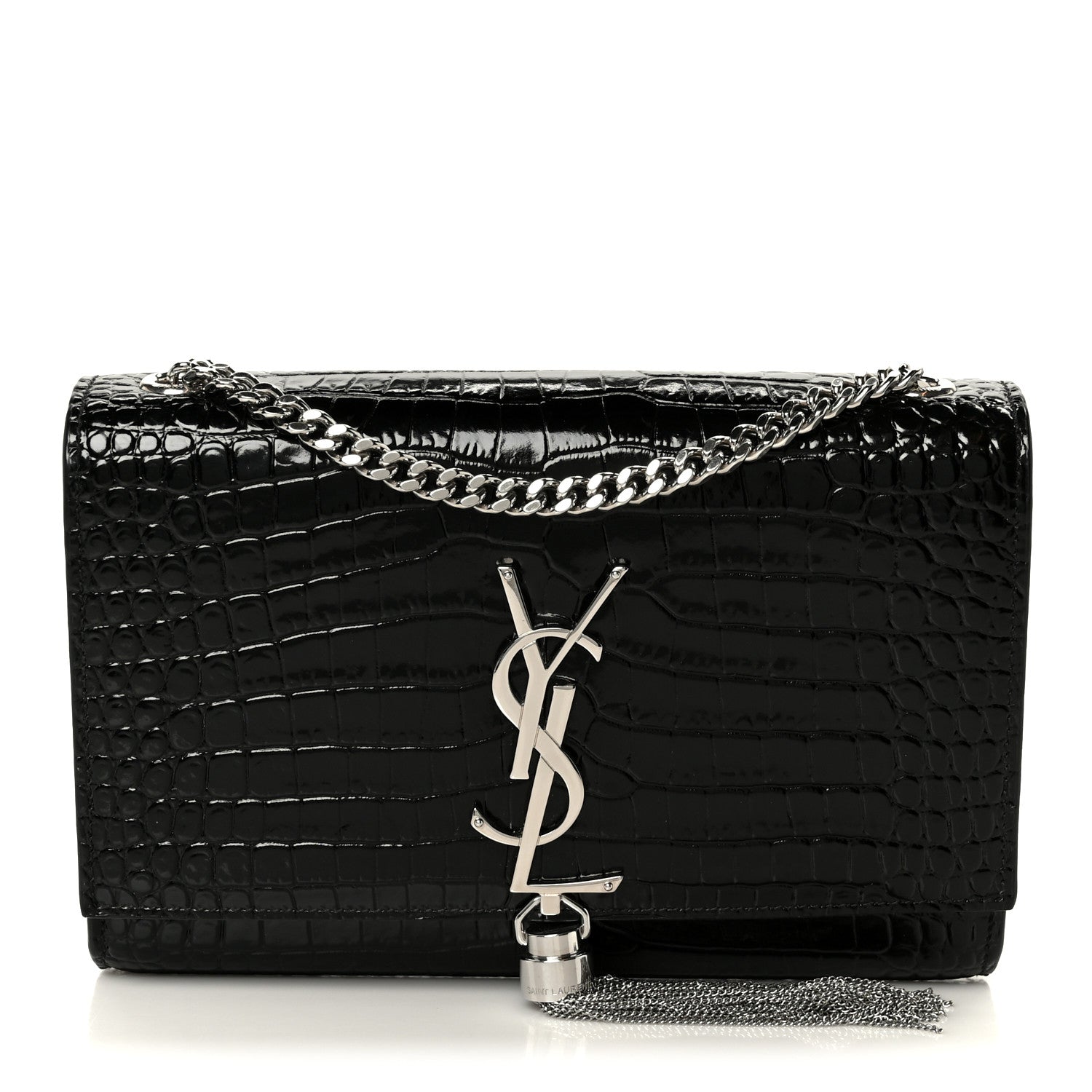 Saint Laurent Calfskin Crocodile Embossed Small Classic Monogram Kate Tassel Satchel Black 1 of 12