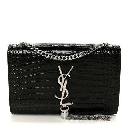 Saint Laurent Calfskin Crocodile Embossed Small Classic Monogram Kate Tassel Satchel Black 1 of 12