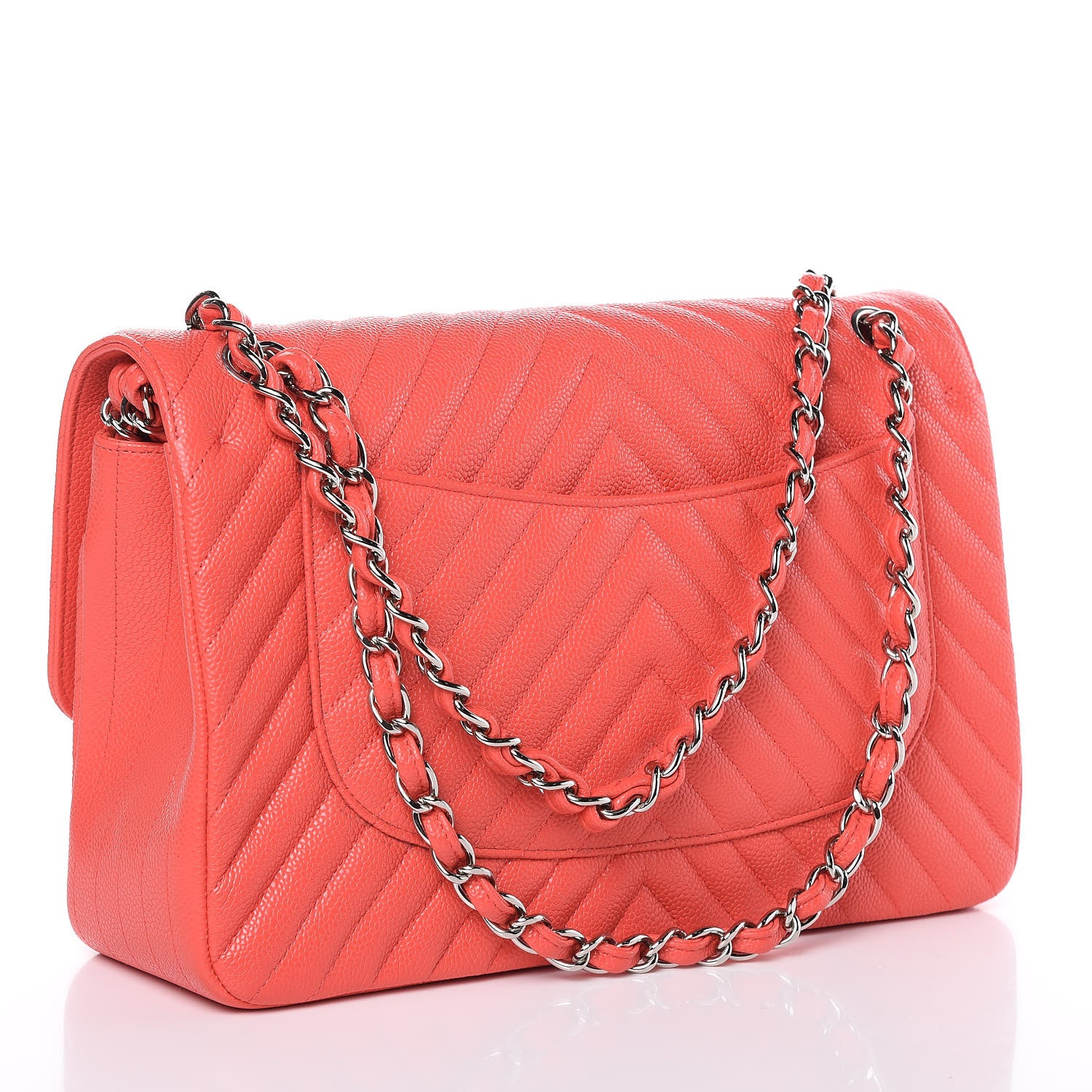 Chanel Caviar Chevron Quilted Jumbo Double Flap Coral 3 of 9