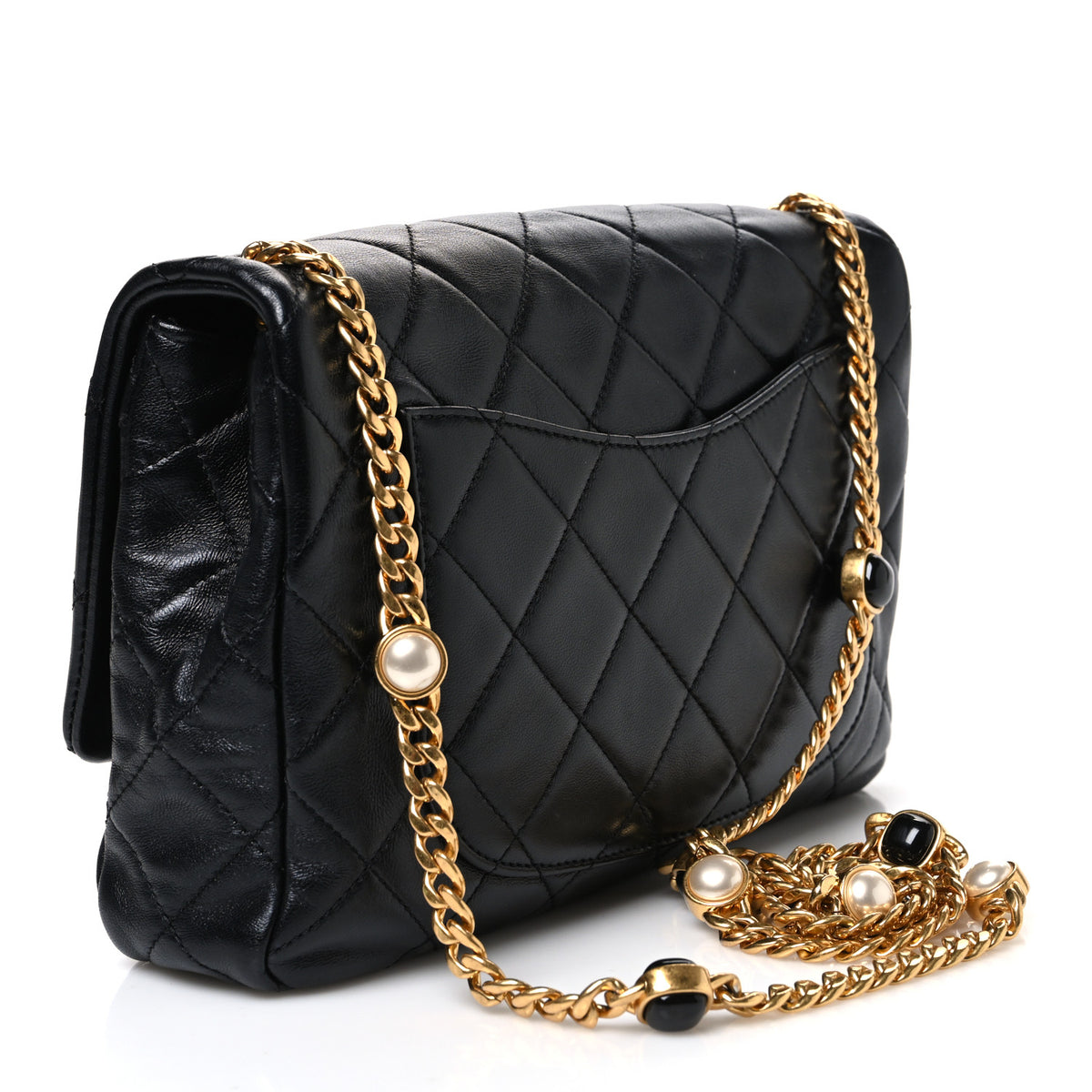 Lambskin Resin Pearl Quilted Flap Black