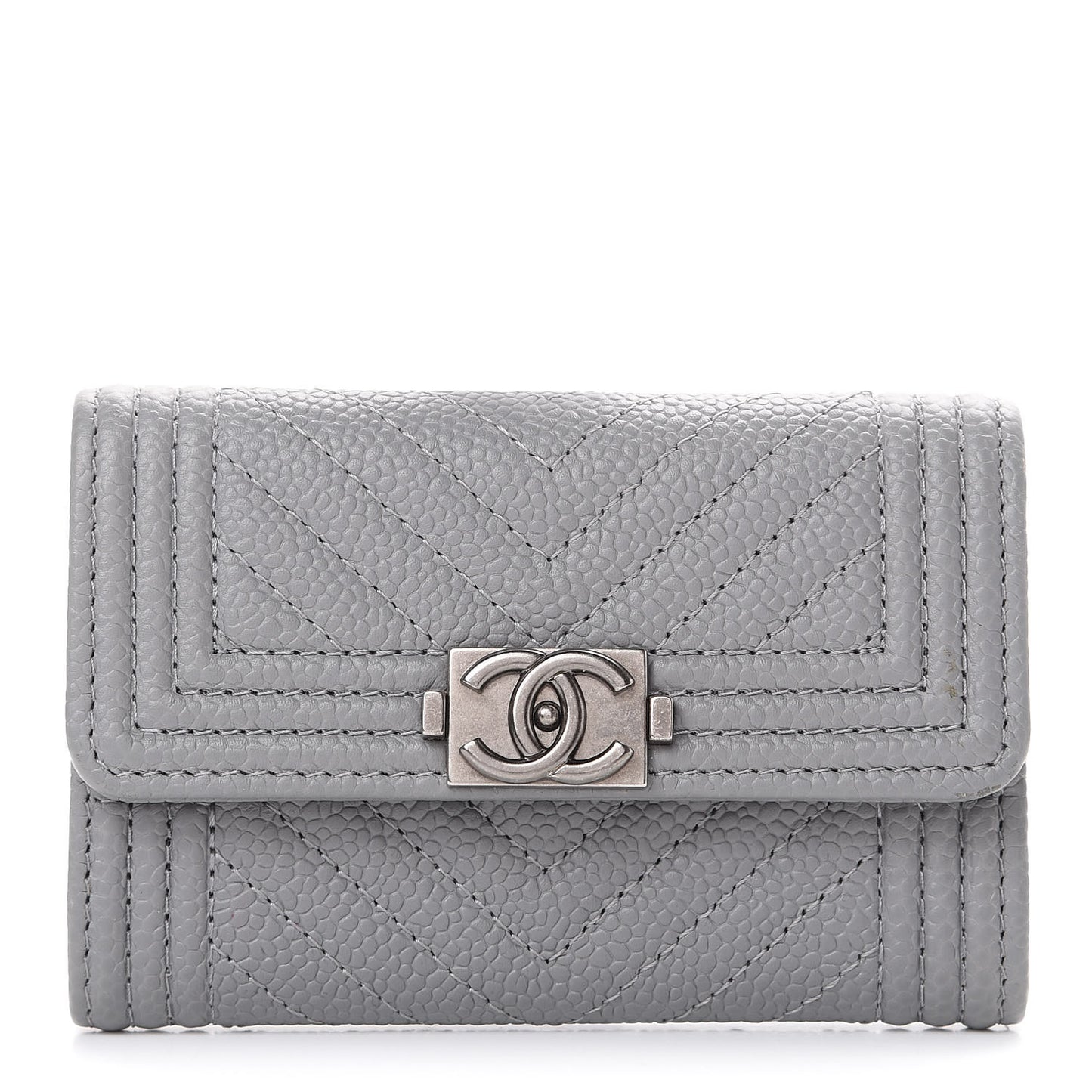Caviar Chevron Quilted Boy Flap Card Holder Grey