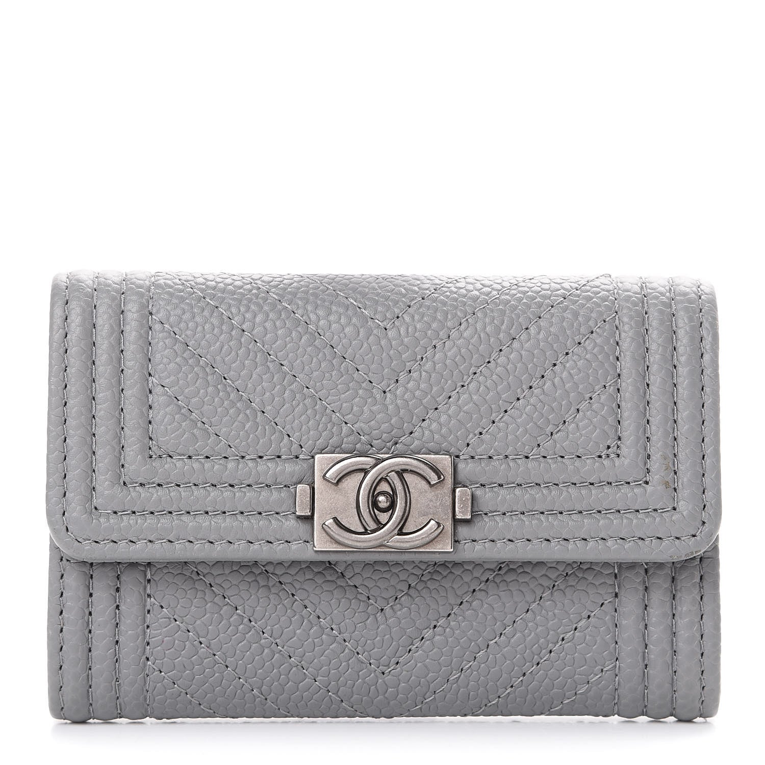 Chanel Caviar Chevron Quilted Boy Flap Card Holder Grey 1 of 13