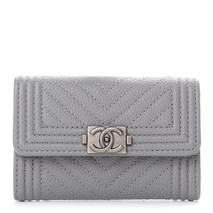 Chanel Caviar Chevron Quilted Boy Flap Card Holder Grey 1 of 13