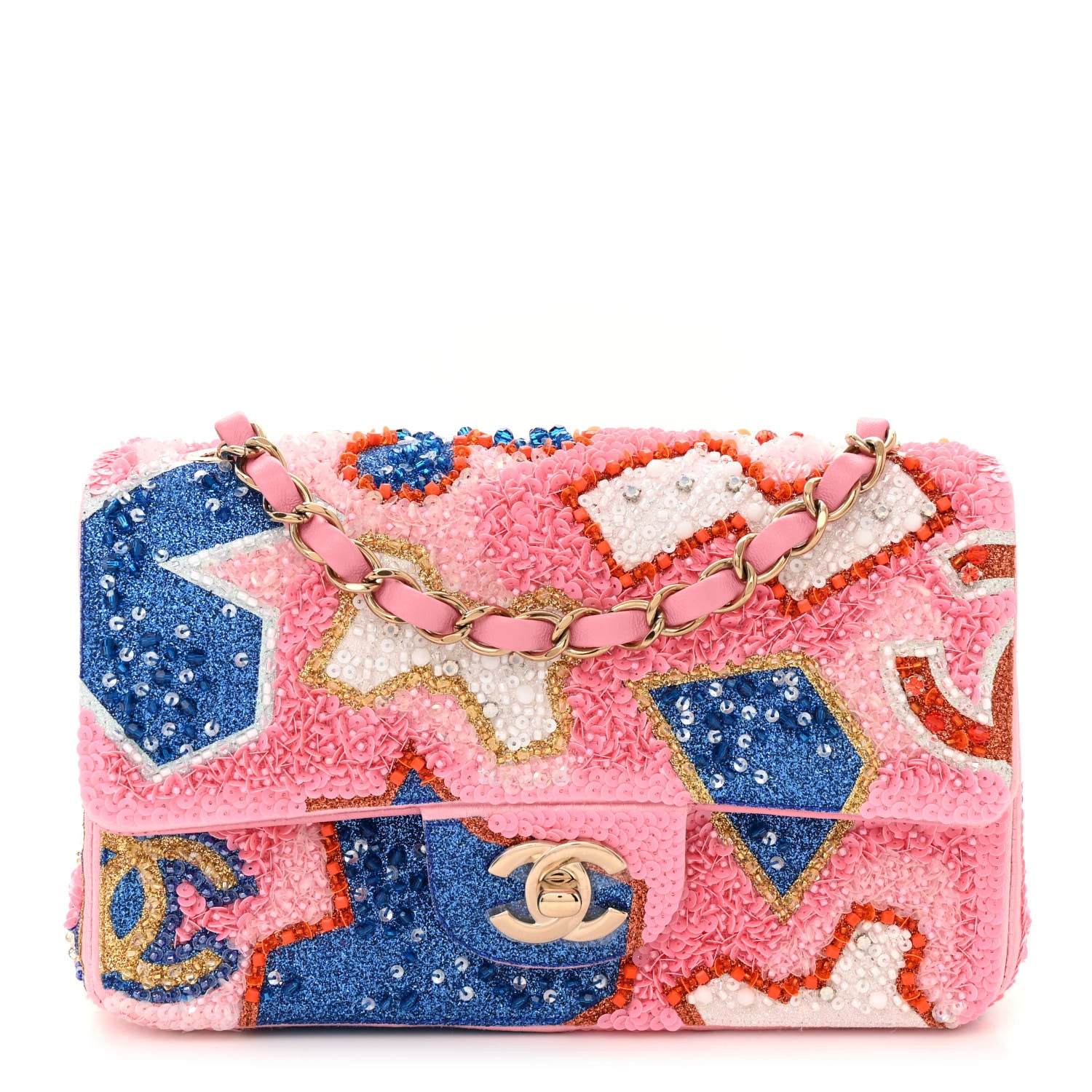 Chanel Satin Sequin Embellished Mini Rectangular Flap Pink White Blue Red 1 of 11