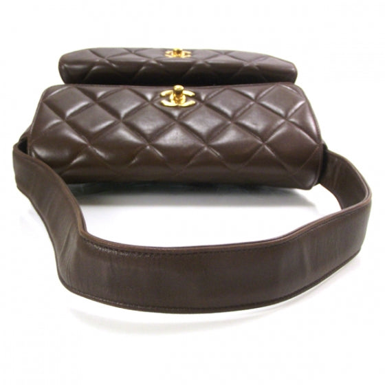 Lambskin Quilted Flap Shoulder Bag Dark Brown