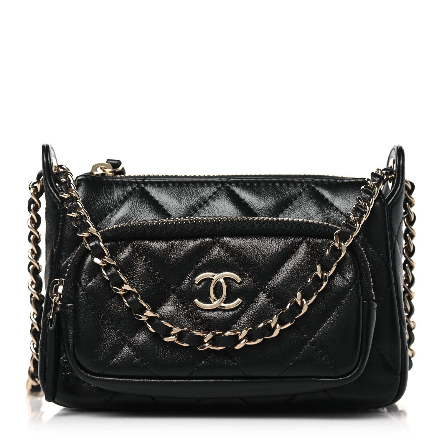 Chanel Shiny Crumpled Lambskin Quilted Clutch With Chain Black Black 1 of 11