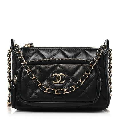 Chanel Shiny Crumpled Lambskin Quilted Clutch With Chain Black Black 1 of 11