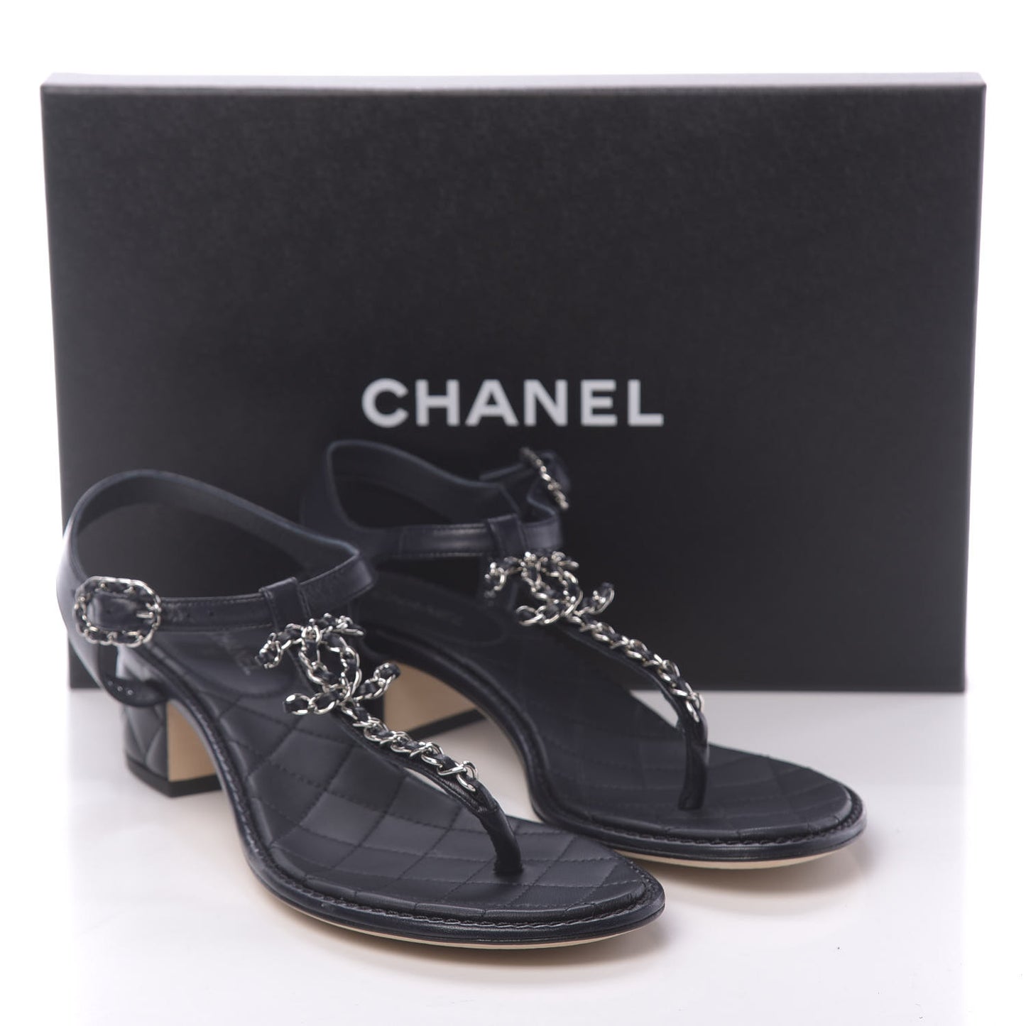Lambskin Chain CC Logo Thong Sandals 38.5 Navy