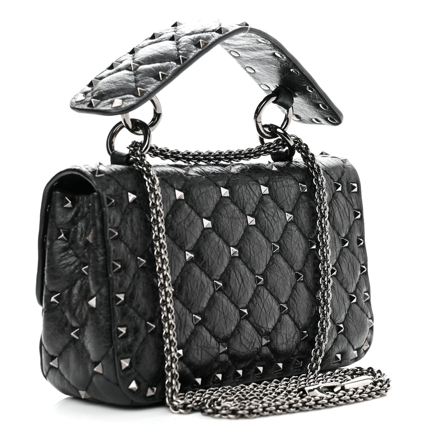 Craquele Nappa Small Rockstud Spike Shoulder Bag Black