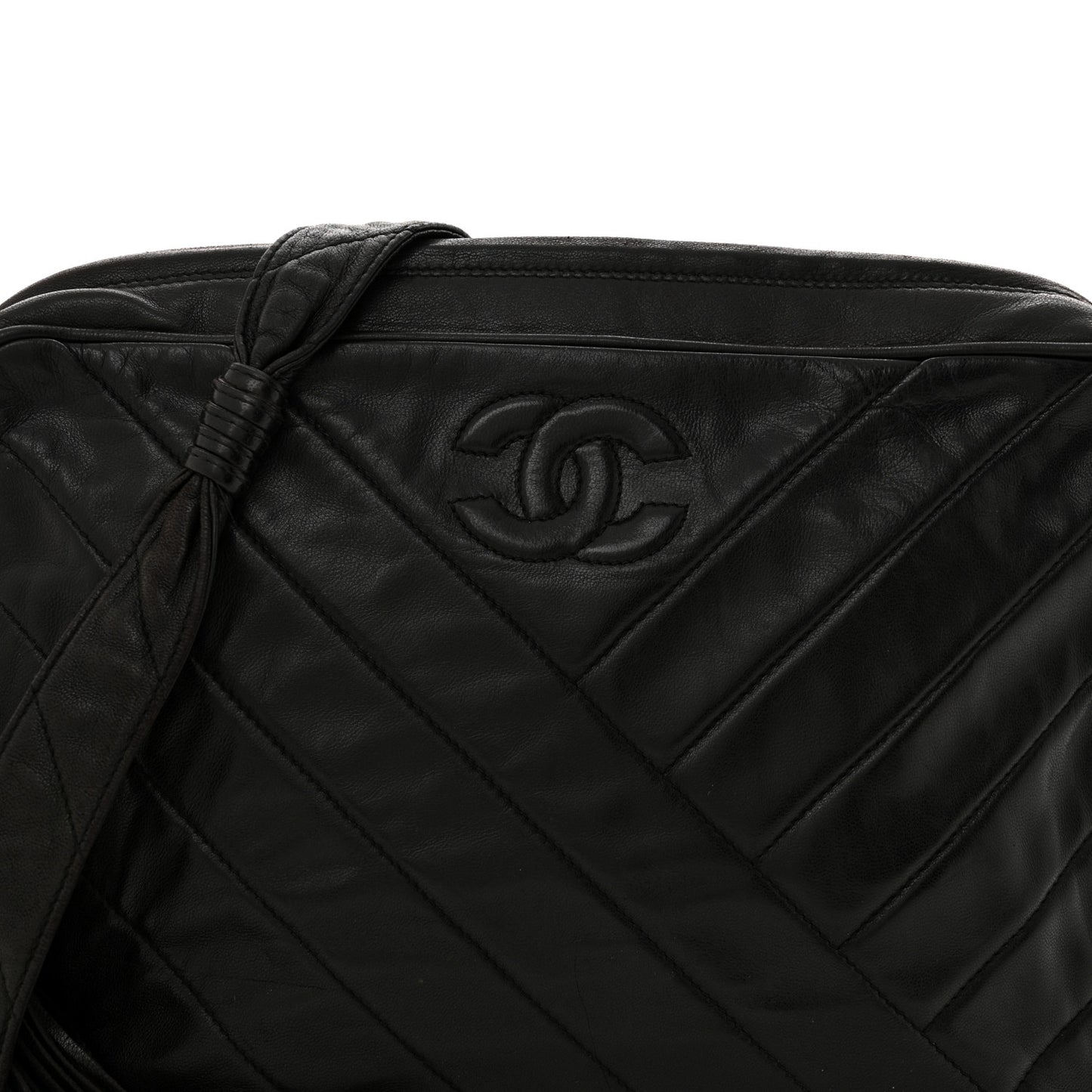 Lambskin Chevron Quilted Tassel Camera Case Black