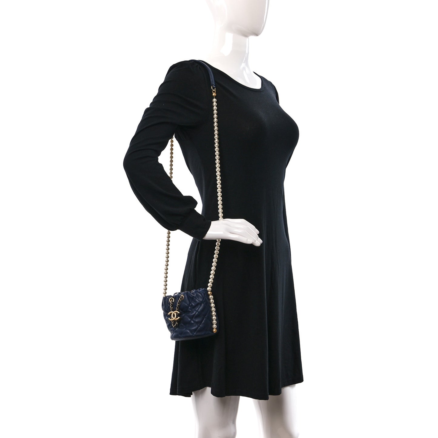 Calfskin Quilted Pearl Mini About Pearls Drawstring Bucket Bag Navy