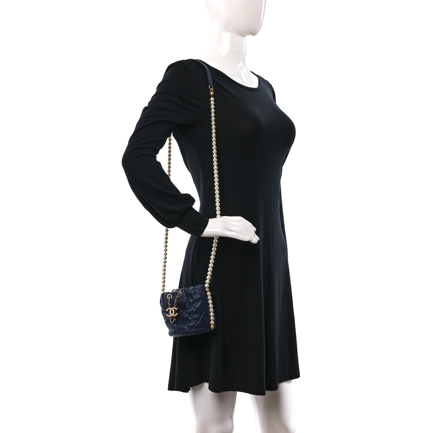 Chanel Calfskin Quilted Pearl Mini About Pearls Drawstring Bucket Bag Navy 2 of 10